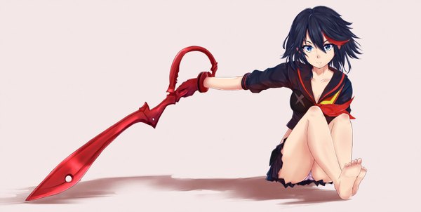 Anime picture 1712x864 with kill la kill studio trigger matoi ryuuko cryme single looking at viewer highres short hair blue eyes light erotic black hair simple background wide image full body multicolored hair barefoot two-tone hair pantyshot streaked hair legs