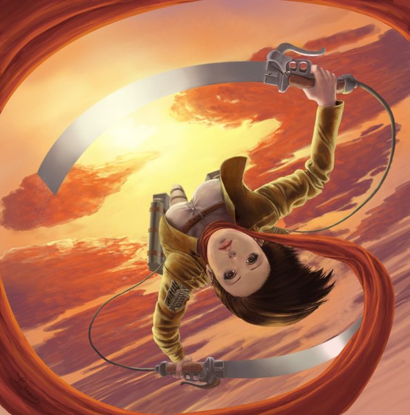 Anime picture 1656x1676 with shingeki no kyojin production i.g mikasa ackerman sadreams single tall image short hair breasts brown hair holding brown eyes sky cloud (clouds) lips dual wielding weightlessness girl uniform weapon sword