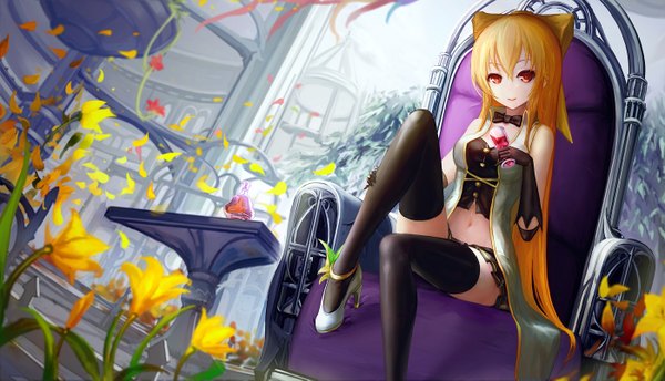 Anime picture 1400x803 with original wangchuan de quanyan single long hair looking at viewer fringe breasts blonde hair smile hair between eyes red eyes wide image sitting bare shoulders holding animal ears bent knee (knees) wind bare belly from below