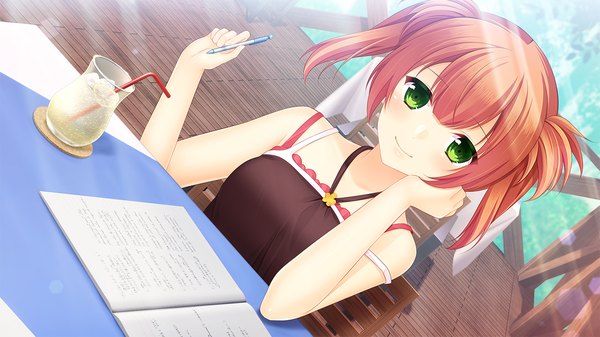 Anime picture 1280x720 with kenja no okuri imouto asato saki single looking at viewer blush short hair smile wide image twintails bare shoulders green eyes game cg orange hair short twintails girl drink pen