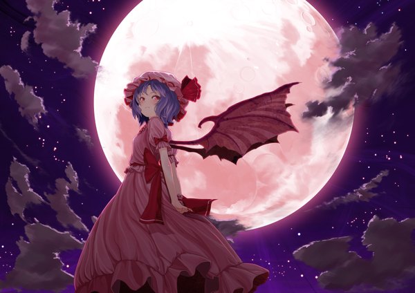 Anime picture 4093x2894 with touhou remilia scarlet katsuhiro single blush highres short hair red eyes blue hair absurdres sky cloud (clouds) night night sky demon wings girl dress bow wings moon