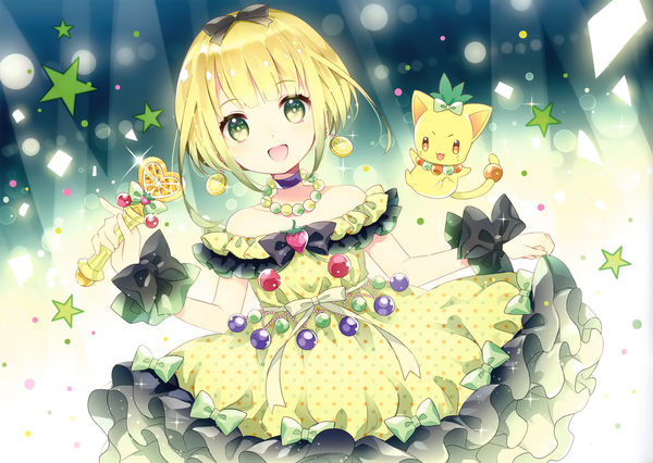 Anime picture 2626x1868 with original wasabi (sekai) single looking at viewer highres short hair blonde hair bare shoulders green eyes scan girl dress bow hair bow animal star (symbol) cat beads
