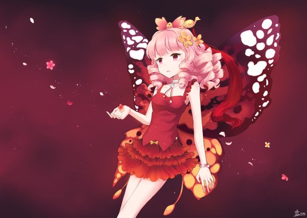 Anime picture 1373x978 with original minari single long hair pink hair pink eyes drill hair insect wings butterfly wings girl dress hair ornament flower (flowers) petals wings bracelet