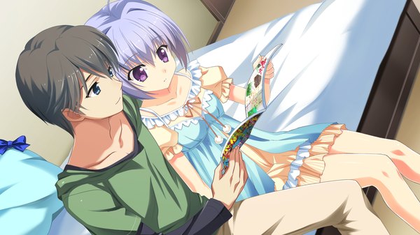 Anime picture 1920x1080 with berry's long hair highres short hair blue eyes black hair wide image purple eyes game cg grey hair couple girl dress boy bed