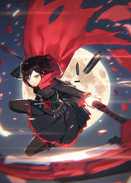 Anime picture 714x1000 with rwby rooster teeth ruby rose ac (eshi) single tall image looking at viewer short hair smile brown hair brown eyes bent knee (knees) night night sky lacing anaglyph girl dress weapon petals