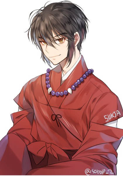Anime picture 700x1000 with inuyasha inuyasha (character) inuyasha (human form) sorolp single tall image short hair black hair simple background smile white background brown eyes signed payot long sleeves traditional clothes japanese clothes wide sleeves alternate hairstyle alternate hair length