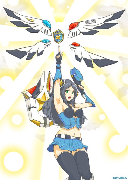 Anime picture 1000x1406 with league of legends irelia (league of legends) trombe single long hair tall image looking at viewer open mouth black hair smile green eyes armpit (armpits) girl thighhighs skirt gloves navel uniform black thighhighs miniskirt