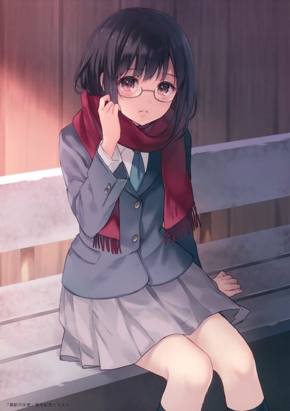 Anime picture 2685x3800 with original fukahire (ruinon) single tall image highres short hair black hair red eyes sitting scan girl skirt uniform school uniform glasses scarf red scarf