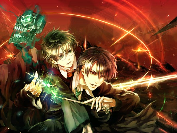 Anime picture 1024x768 with harry potter harry potter (character) tom marvolo riddle flayu (artist) short hair red eyes brown hair green eyes magic boy glasses necktie skull wand