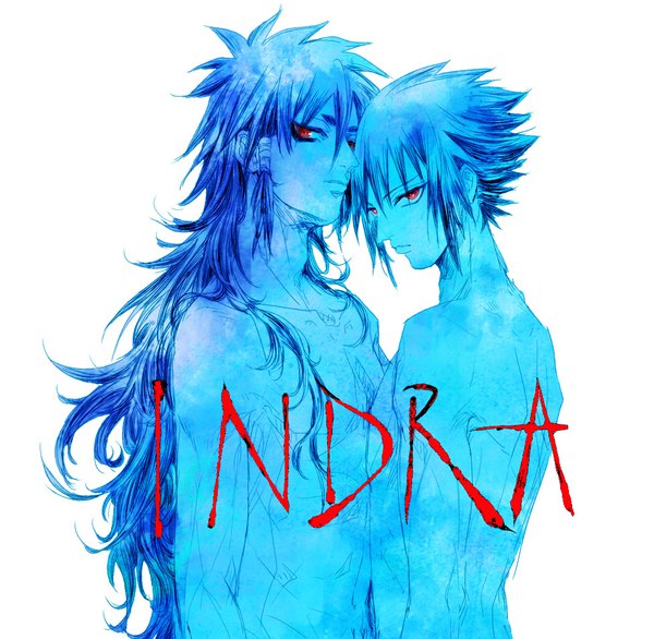 Anime picture 976x954 with naruto studio pierrot naruto (series) uchiha sasuke otsutsuki indra arm (pixiv) long hair looking at viewer short hair simple background red eyes white background blue hair nude inscription multiple boys turning head face to face blue skin polychromatic