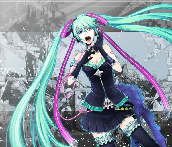 Anime picture 1400x1200 with vocaloid hatsune miku chimachi single long hair open mouth blue eyes twintails bare shoulders signed ahoge very long hair pleated skirt green hair inscription tattoo glowing singing girl thighhighs