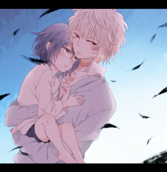 Anime picture 1300x1343 with no.6 studio bones nezumi (no.6) shion (no.6) shio tsuitta tall image short hair red eyes purple hair white hair tears facial mark face paint alternate age carrying boy shirt sweater