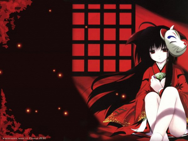 Anime picture 1280x960 with nagomi single long hair red eyes traditional clothes japanese clothes girl kimono mask tagme