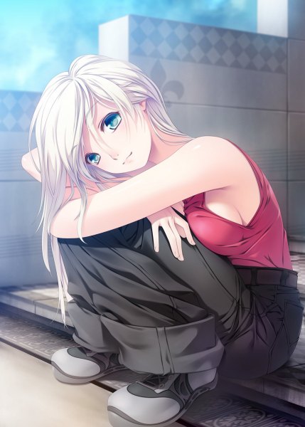 Anime picture 858x1200 with original rezi single long hair tall image looking at viewer blue eyes sitting bare shoulders white hair girl shoes