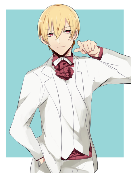 Anime picture 608x800 with fate (series) fate/stay night gilgamesh (fate) noki418 single tall image looking at viewer fringe short hair blonde hair simple background hair between eyes red eyes upper body alternate costume hand in pocket formal aqua background boy