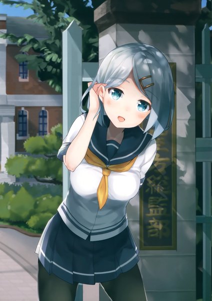 Anime picture 2331x3300 with kantai collection hamakaze destroyer monoto single tall image looking at viewer blush highres short hair open mouth blue eyes silver hair scan girl skirt pantyhose black pantyhose sailor suit