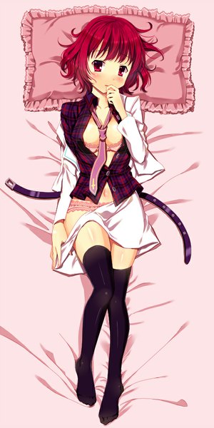Anime picture 500x1000 with touhou horikawa raiko cnm single tall image looking at viewer blush short hair breasts open mouth light erotic red eyes full body lying pink background dakimakura (medium) skirt pull girl thighhighs skirt