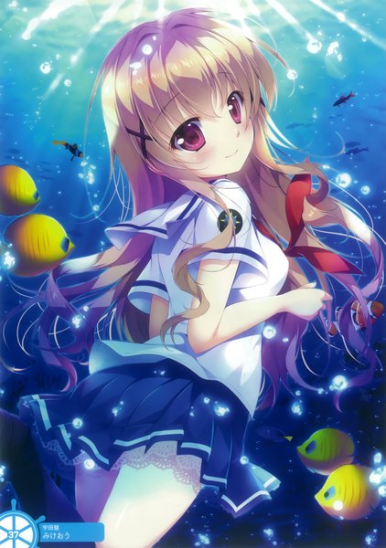 Anime picture 2701x3840 with high school fleet uda megumi mikeou single long hair tall image blush highres blonde hair red eyes looking away scan official art underwater girl skirt miniskirt animal fish (fishes) sailor suit