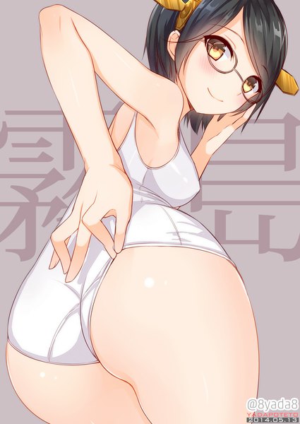 Anime picture 700x989 with kantai collection kirishima battleship yadapot single tall image looking at viewer blush short hair light erotic black hair smile signed yellow eyes ass hieroglyph dated purple background adjusting swimsuit girl swimsuit