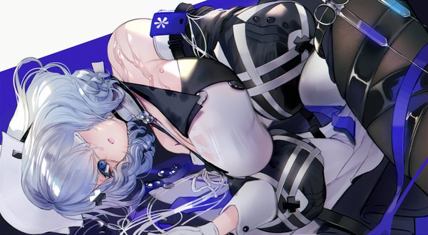 Anime picture 2700x1487 with arknights whisperain (arknights) nido celisius single looking at viewer highres short hair breasts blue eyes light erotic wide image large breasts silver hair lying wet on side girl headdress eyepatch syringe