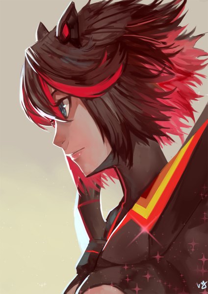 Anime picture 886x1253 with kill la kill studio trigger matoi ryuuko nanaya (daaijianglin) single tall image short hair blue eyes black hair simple background signed looking away upper body red hair multicolored hair two-tone hair streaked hair close-up girl