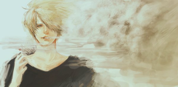 Anime picture 1854x909 with one piece toei animation sanji quanro single highres short hair open mouth blonde hair wide image realistic smoke smoking boy t-shirt cigarette