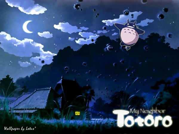 Anime picture 1024x768 with tonari no totoro studio ghibli totoro susuwatari cloud (clouds) night plant (plants) tree (trees) window moon star (stars) grass house
