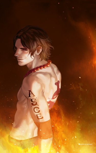 Anime picture 600x957 with one piece toei animation portgas d. ace kenny single tall image looking at viewer short hair smile brown hair brown eyes looking back lips tattoo muscle freckles shirtless boy beads fire