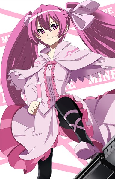 Anime picture 541x844 with akame ga kill! white fox mine (akame ga kill!) shum sharr single long hair tall image looking at viewer blush fringe simple background smile hair between eyes white background twintails payot pink hair bent knee (knees) pink eyes character names