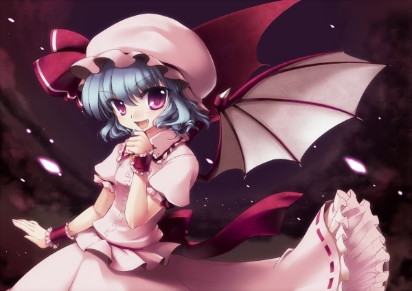 Anime picture 1200x849 with touhou remilia scarlet narumizg single short hair open mouth silver hair pink eyes teeth loli fang (fangs) bat wings girl dress hat petals wings