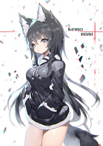 Anime picture 848x1200 with original mamuru single long hair tall image looking at viewer blush fringe black hair hair between eyes standing white background animal ears tail animal tail blurry inscription grey eyes eyebrows slit pupils