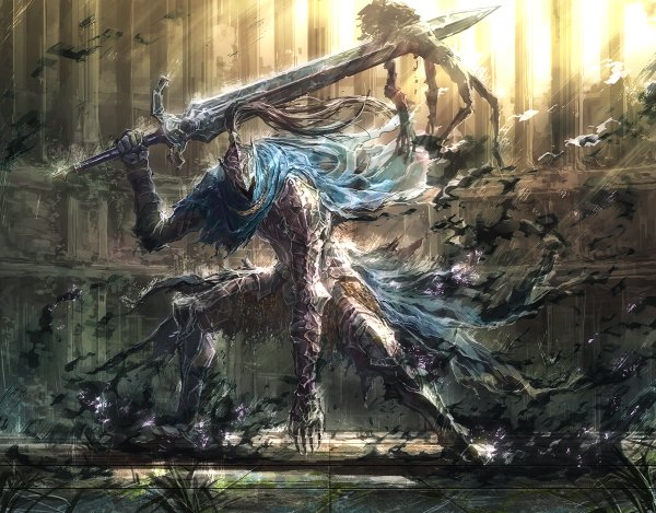 Anime picture 1200x938 with dark souls (series) dark souls from software artorias of the abyss looking at viewer sunlight magic fighting stance knight weapon plant (plants) sword armor cloak grass helmet gauntlets tiles pillar column