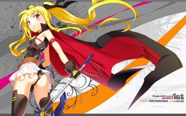 Anime picture 1920x1200 with mahou shoujo lyrical nanoha mahou shoujo lyrical nanoha strikers fate testarossa bardiche char single long hair blush highres light erotic blonde hair red eyes wide image twintails bare shoulders ass looking back from behind inscription girl