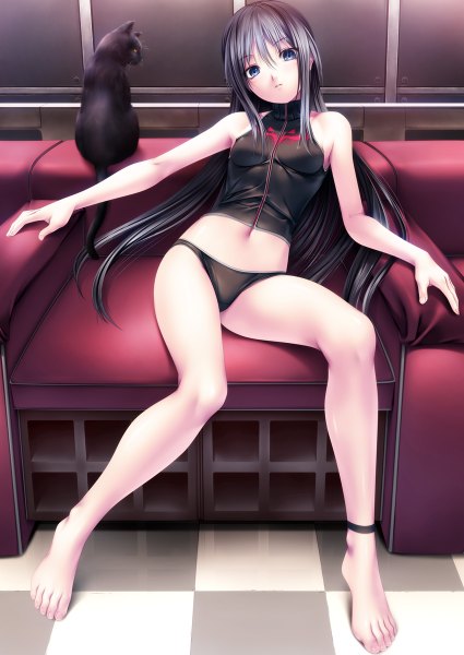 Anime picture 850x1200 with original rezi single long hair tall image blue eyes light erotic black hair sitting barefoot checkered floor girl underwear panties animal cat couch