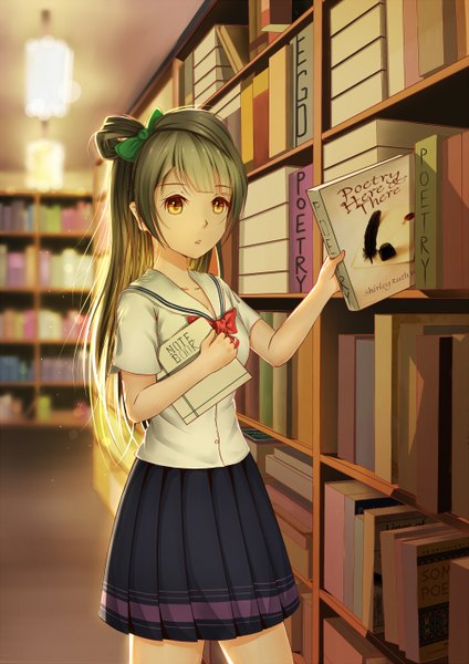 Anime picture 1000x1414 with love live! school idol project sunrise (studio) love live! minami kotori kr (sapphire) single long hair tall image looking at viewer fringe brown hair standing holding yellow eyes indoors parted lips pleated skirt one side up text english
