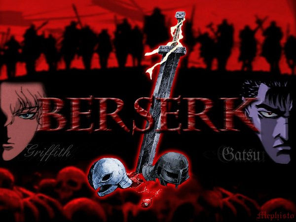 Anime picture 1024x768 with berserk guts griffith silhouette weapon sword helmet