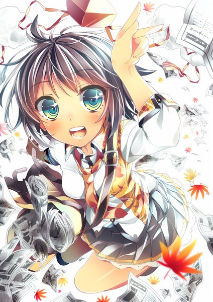 Anime picture 800x1131 with touhou shameimaru aya ryuji (ikeriu) single tall image looking at viewer blush short hair open mouth black hair multicolored eyes girl dress hat leaf (leaves) bag newspaper