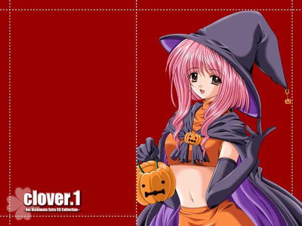 Anime picture 1600x1200 with nishimata aoi halloween red background witch vegetables jack-o'-lantern pumpkin clover (plant)