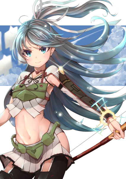 Anime picture 2507x3541 with kantai collection katsuragi aircraft carrier hachiroku (hatirokusann86) single long hair tall image looking at viewer blush highres blue eyes light erotic smile holding blue hair sky cloud (clouds) ponytail traditional clothes japanese clothes pleated skirt
