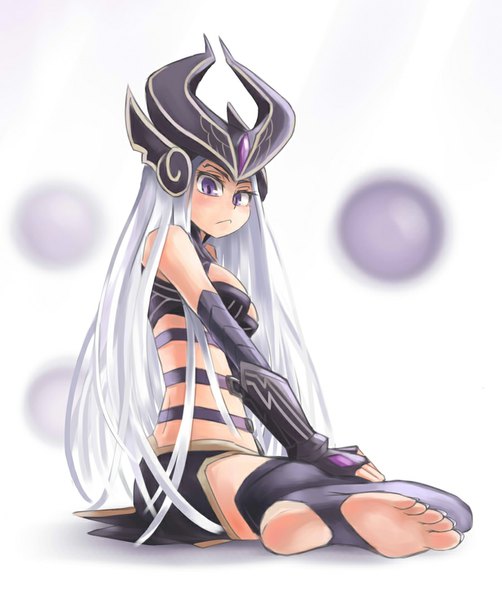 Anime picture 900x1076 with league of legends syndra vincentowo single long hair tall image looking at viewer blush simple background white background purple eyes grey hair girl headdress armor