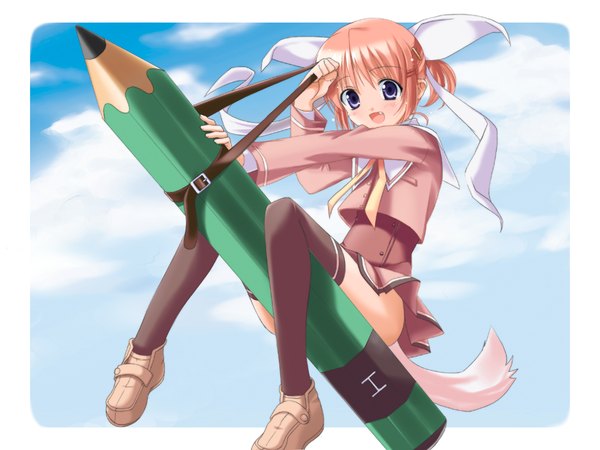 Anime picture 1280x960 with canvas 2 hagino kana single looking at viewer short hair open mouth purple eyes sky cloud (clouds) tail :d animal tail orange hair fang (fangs) flying between legs girl thighhighs belt