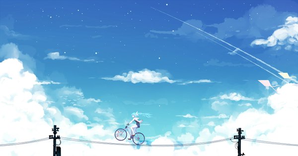 Anime picture 1800x945 with vocaloid hatsune miku qys3 single long hair highres wide image twintails sky cloud (clouds) aqua hair driving girl bow ribbon (ribbons) hair bow hair ribbon shorts star (stars) ground vehicle
