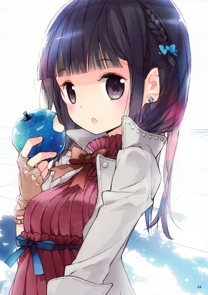 Anime picture 2131x3017 with original tiv single long hair tall image looking at viewer blush fringe highres open mouth black hair simple background white background black eyes scan open clothes open jacket side braid shiny starry sky print