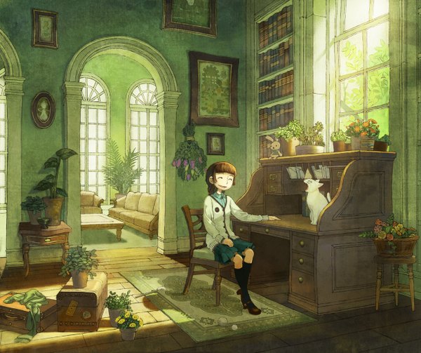 Anime picture 1220x1024 with original sebascha smile sitting eyes closed pleated skirt detailed girl skirt uniform flower (flowers) plant (plants) school uniform animal window book (books) cat toy stuffed animal chair