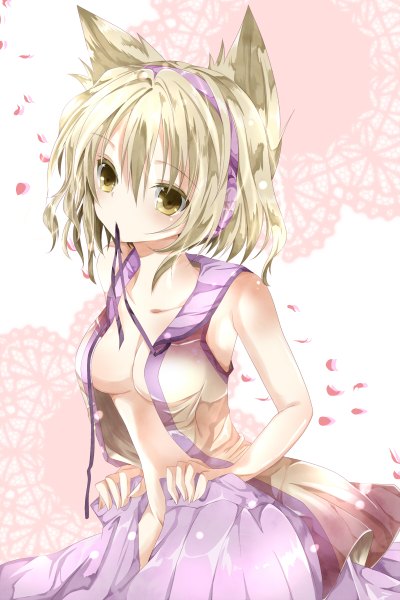 Anime picture 800x1200 with touhou toyosatomimi no miko nanase nao single tall image looking at viewer short hair breasts light erotic blonde hair holding animal ears yellow eyes mouth hold ribbon in mouth girl dress petals headphones