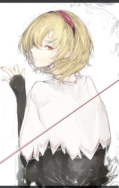 Anime picture 1253x1968 with touhou alice margatroid marumoru single tall image looking at viewer fringe short hair blonde hair hair between eyes signed upper body ahoge profile looking back from behind orange eyes sleeves past wrists letterboxed alternate eye color