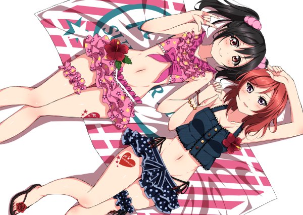 Anime picture 1200x853 with love live! school idol project sunrise (studio) love live! nishikino maki yazawa nico fupe (sealno108) looking at viewer blush short hair black hair smile red eyes purple eyes twintails multiple girls red hair girl navel 2 girls swimsuit