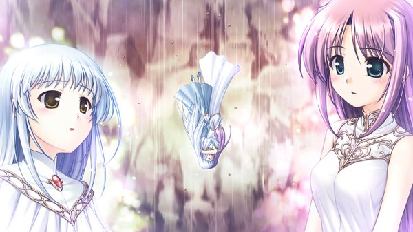 Anime picture 1280x720 with aiyoku no eustia saint irene long hair blue eyes wide image multiple girls yellow eyes game cg purple hair white hair girl 2 girls