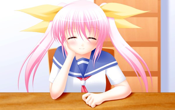 Anime picture 1900x1200 with yuunagi kanade long hair highres twintails pink hair eyes closed head rest girl serafuku