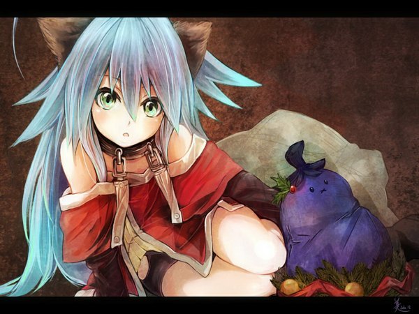 Anime picture 1024x768 with original nana muted xilofon akaitera single long hair open mouth sitting green eyes animal ears cat ears aqua hair cat girl letterboxed girl vegetables
